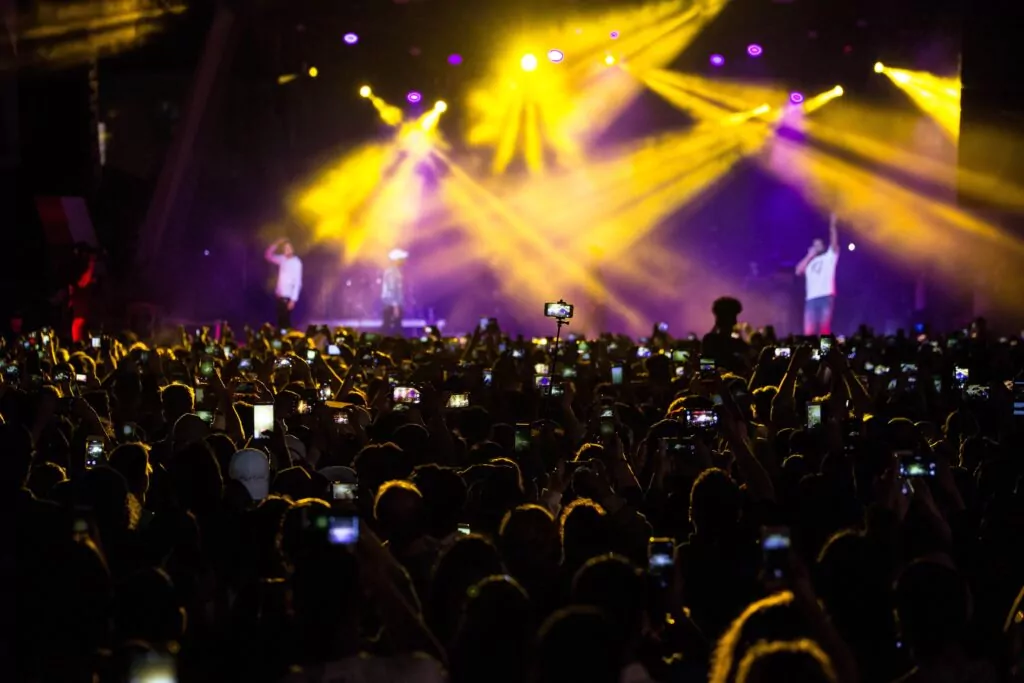 silhouette of crowd looking at stage with modern lights